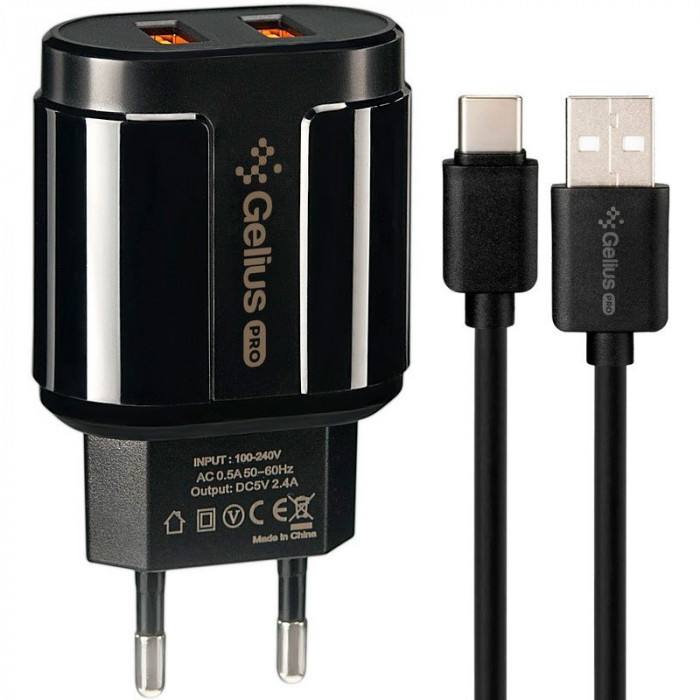 Мережевий зарядний пристрій Gelius Avangard GP-HC06 2USB 2.4A 12W + кабель Type-C Black