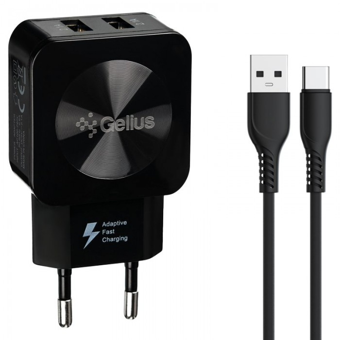 Сетевое зарядное устройство Gelius Prime GU-HC02 2USB 2.1A 12W + кабель Type-C Black